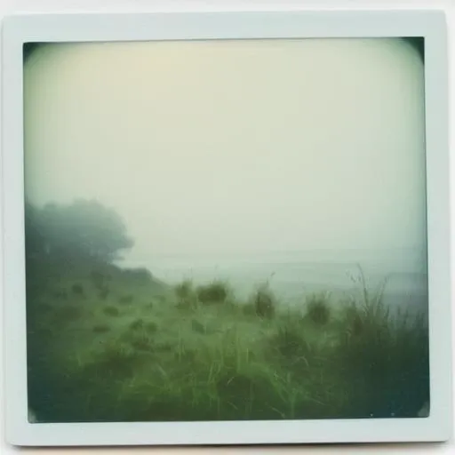 foggy sea, some trees and gras,  polaroid