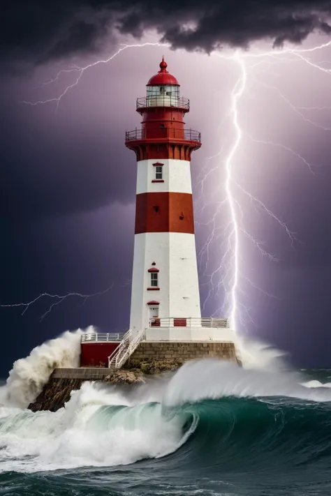 Nautical-themed realistic photo of an old lighthouse, big waves chrashes, lightning, thunderstorm, dark clouds, . Sea, ocean, ships, maritime, beach, marine life, highly detailed