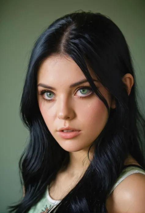 <lora:L1vvyLuv_XL:0.95>,livvyluv,green eyes,black hair,action shot,wearing Silvery Pink embroidered,biopunk,simple, style by Dan Winters,RAW photography,film grain,(indistinguishable from reality:1.4),photo taken with a Bolex H16