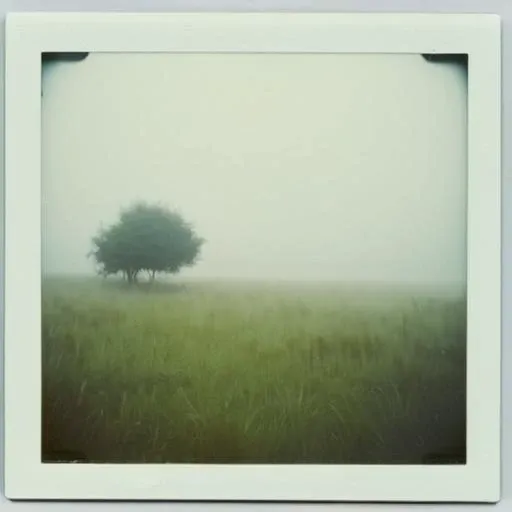 foggy sea, some trees and gras,  polaroid