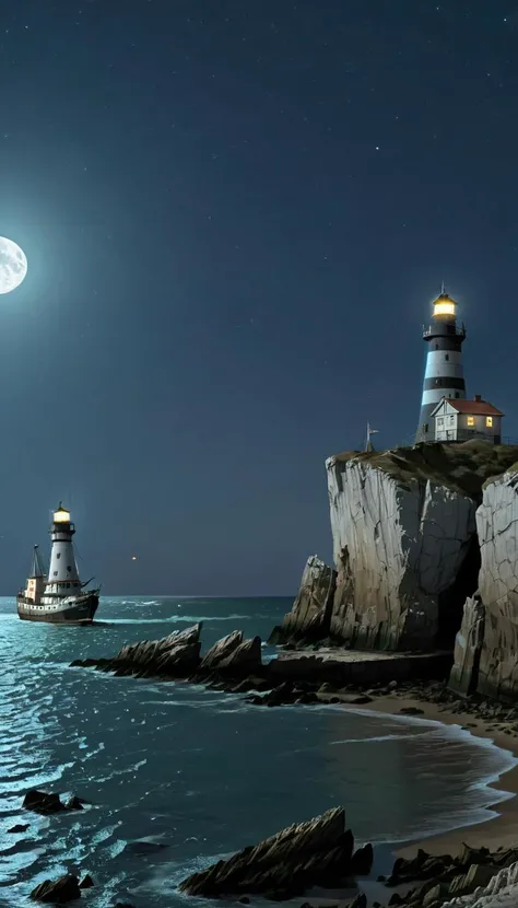 <lora:Everly_Heights_Backgrounds_New_Settings:1> A dilapidated ship with tattered sails is anchored near rocky cliffs under a moonlit sky with a lighthouse standing tall in the background.