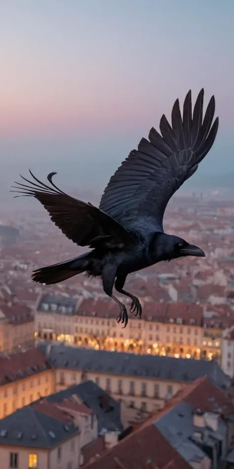Professional Photography of a raven flying over a european city at dawn, hyperdetailed, shot on Canon EOS R10