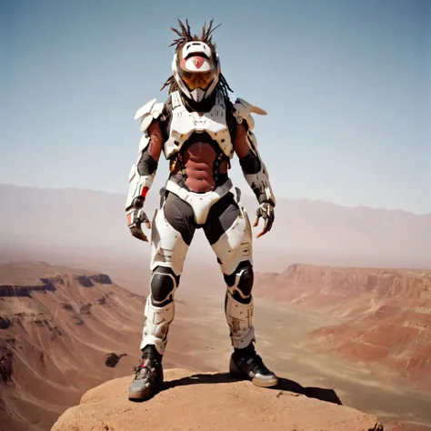 <lora:riiahworldxl:0.8> rhwrld man, dreads, wearing motocross gear (sci-fi) photo of a (fit rhwrld man futuristic samurai standing on rock overlooking Martian valley on earth), ,  looking at viewer, (wearing skintight white and jump suit, full body), fit body, [wide hips], rusty red texas terrain , dust scattered floating in air, (lens flare:0.7), (cross-processing), (highly detailed), (cinematic lighting:1.1), sharp shadows, intricately detailed, photographed on a Hasselblad 500, 80mm F2.8 lens, with Cinestill 800T film, cinematic contrast, outdoors, ((on earth)), , journey,, sfw, Fujifilm XT3, Canon R5, Fujicolor Fujichrome Velvia 100, no helmet
 <lora:[XL]Mechatest:1> robot, city, wings