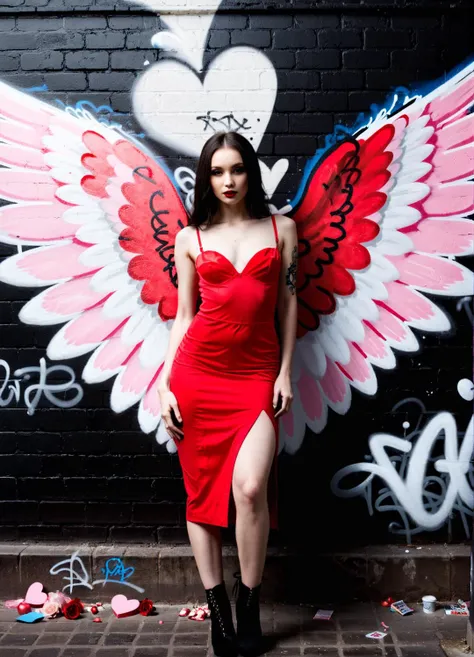 breathtaking estate photography style (Medium Full Shot) of a mural displaying (a vivid Valentine's Day graffiti, 'angel wings graffiti', light angelic clothes, cupid gothic model pose photoshot:1.5), detailed skin, bathed in shades of pink hearts:1.2, enriched colors, extraordinary clarity,<lora:add-detail-xl:0.55>, <lora:epiCPhoto:0.45>, <lora:UrbanGraffiti:0.6> UrbanGraffiti, ziprealism,<lora:xl_more_art-full_v1:0.6> . Professional, inviting, well-lit, high-resolution, property-focused, commercial, highly detailed award-winning, professional
