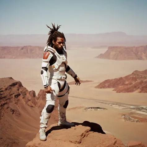<lora:riiahworldxl:1> rhwrld man, dreads,  (sci-fi) photo of a (fit rhwrld man futuristic samurai standing on rock overlooking Martian valley on earth), ,  looking at viewer, (wearing skintight white and jump suit, full body), fit body, [wide hips], rusty red texas terrain , dust scattered floating in air, (lens flare:0.7), (cross-processing), (highly detailed), (cinematic lighting:1.1), sharp shadows, intricately detailed, photographed on a Hasselblad 500, 80mm F2.8 lens, with Cinestill 800T film, cinematic contrast, outdoors, ((on earth)), , journey,, sfw, Fujifilm XT3, Canon R5, Fujicolor Fujichrome Velvia 100, no helmet