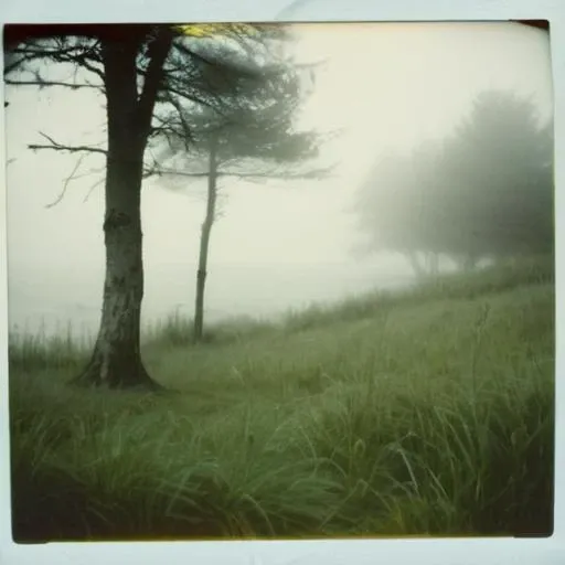 foggy sea, some trees and gras, polaroid