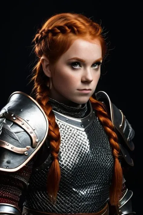 a female dwarf, a redhead with a braid, wears chainmail armor, savage eyes, a fearless expression, standing still, black background