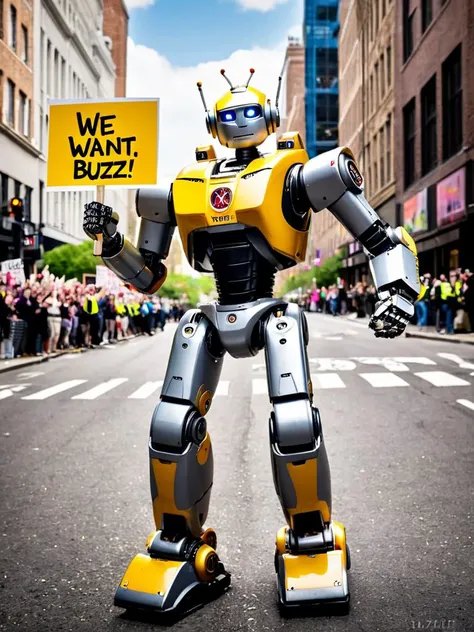 professional photography of a civitAI (robot) on strike, fist in the air, holding signs saying (WE WANT BUZZ !:1.2), hyper detailed text, masterpiece, award winning art, ultra detailed, 8k resolution, excellent quality, natural lighting, <lora:add-detail-xl:0.4>, fine details, 4k resolution, 35mm photograph, film, <lora:xl_more_art-full_v1:0.3>, 0001SRGoodPictureV3