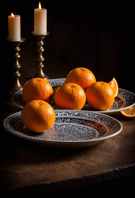 A still life photography setup featuring several oranges arranged on an intricately designed ceramic plate. The scene is illuminated by dramatic lighting, casting deep shadows and highlighting the textures of the oranges and the patterns on the plate. The background is intentionally blurred to focus attention on the vivid colors and details of the subject, creating a striking contrast. The overall atmosphere is moody and artistic, evoking the feel of a classic still life photography (masterpiece, best quality, FujiFilm XT-4, (Still-Life Photography))