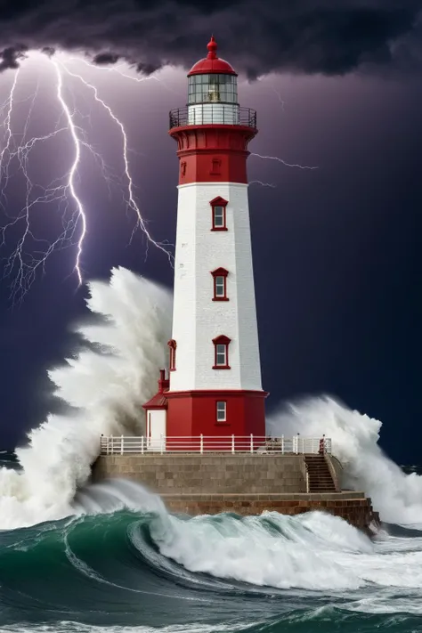 Nautical-themed realistic photo of an old lighthouse, big waves chrashes, lightning, thunderstorm, dark clouds, . Sea, ocean, ships, maritime, beach, marine life, highly detailed