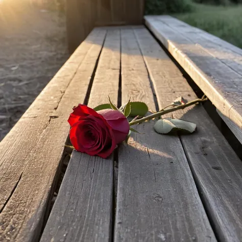 A photo of a single red rose lies gently on a weathered wooden bench, its velvety petals spread wide against the aged grain of the wood. The background is filled with the ethereal glow of a setting sun, (abstract narrative:1.1), Canon EOS 5D Mark IV, high emotional impact, experimental photography