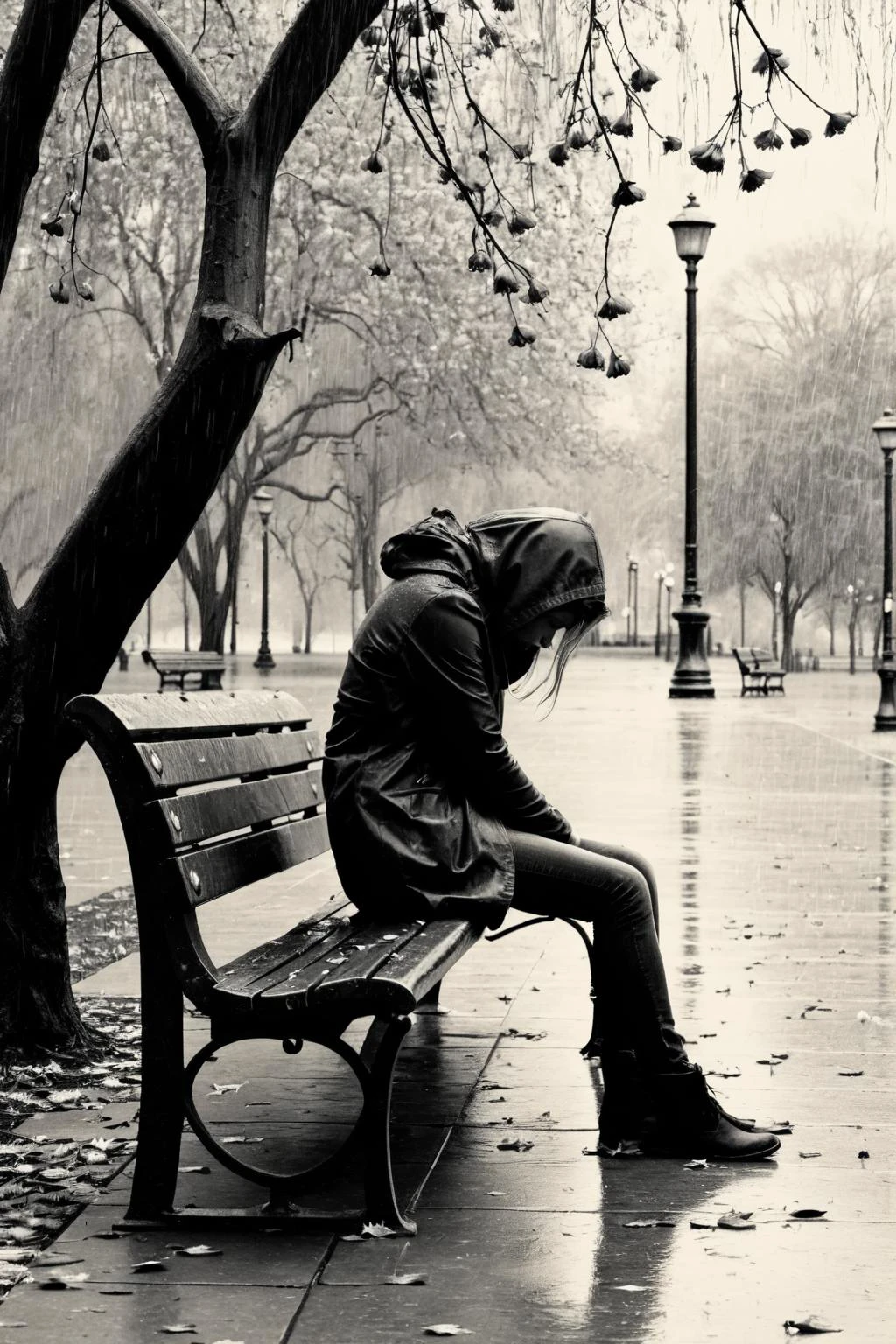 A poignant representation of depression, showcasing a person sitting on a desolate bench in a rainy park, their head hung low, surrounded by wilted flowers and fallen leaves, Artwork, charcoal sketch on textured paper