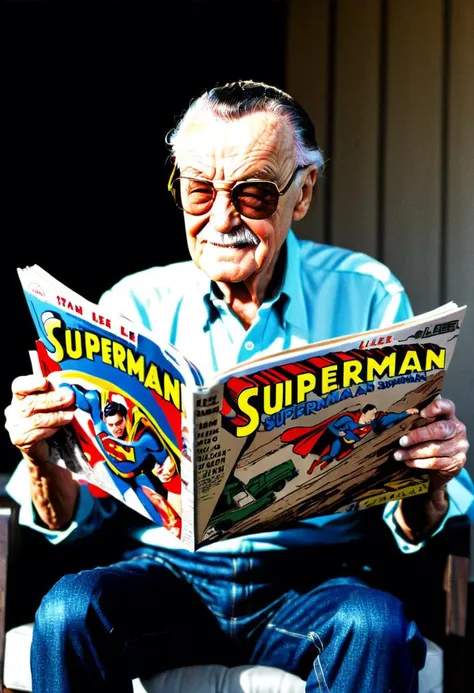 <lora:Everly Heights Comics:1> Stan Lee reading a Superman comic, cinematic composition.