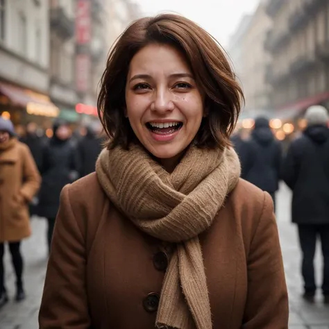 portrait,short brown hair, lady,laugh loud with tears,long nose,stand on crowded street,morning,cold climate,