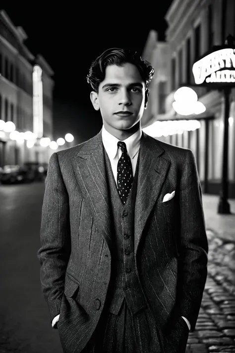 stunning authentic 1930s great depression vintage black&white analog portrait, (sfw) israelian 1boy, as a seductive butler, romanesque paisley galabeya, alluring expression, looking at the viewer, outdoors on a nostalgic 1930s great depression street, (night:1.2), artificial lighting, citylights, heroic pose, (from below:0.6), vintage style and sentimental mood, 1930s great depression formal clothing style, vintage 1930s great depression hair, vintage black&white analog photo, epic character composition, sharp focus, subsurface scattering, f2, 35mm, film grain