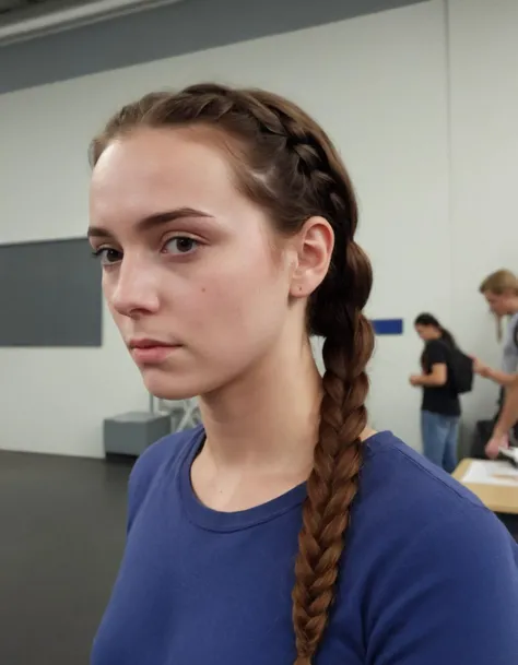amateur cellphone photography woman with Dark brown French braid hair at flight school, (freckles:0.5) . f8.0, samsung galaxy, noise, jpeg artefacts, poor lighting, low light, underexposed, high contrast