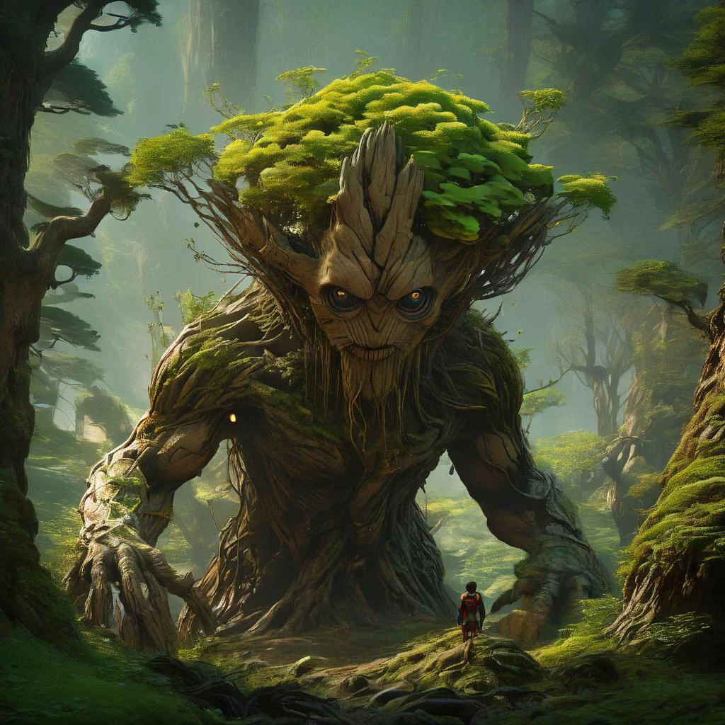Portrait, male, colossus (Groot:1.8), big expressive eyes, woody texture with green sprouts, in a playful pose, (soft focus), captured with a (Fujifilm GFX 100S), (f_stop 3.5), (focal_length 80mm) medium telephoto lens f/3.5, amidst a lush, vibrant forest, (innocently charming), high quality, photorealism, heartwarming, nature's guardian, bright, lively colors, the essence of friendship, light-hearted, whimsical <lora:Colossus_XL:1>