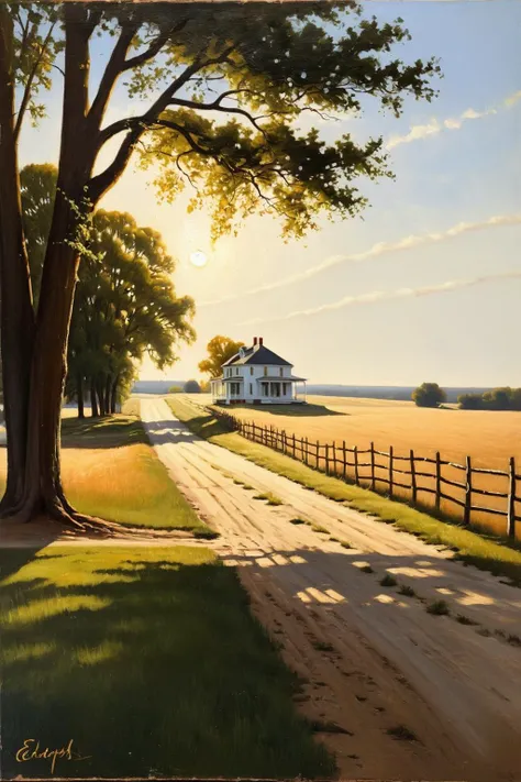 Rural Landscape, Early 20th Century, Trees, Fence, Dirt Road, Serene, Nostalgic, Isolated, Oil Painting, Realism, in the style of Edward Hopper, Golden Hour Lighting, Earth Tones, Rule of Thirds composition