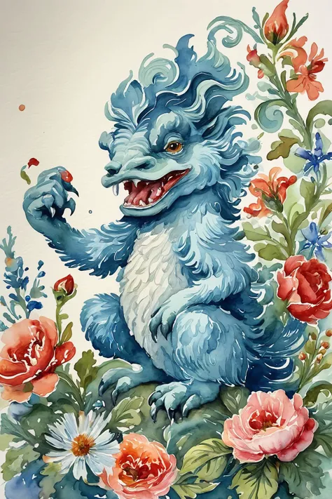 angry teasing creature, rococo watercolor painting, floral,painterly,fine brushtrokes,intricate,dreamy