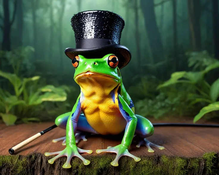 exotic poisonous frog wearing a top hat, dancing a vaudeville act with a straight black cane, incredible iridescent eyes, outdoors, wet, forest, vibrant color, sheen, stunning, beautiful, photorealism, high resolution