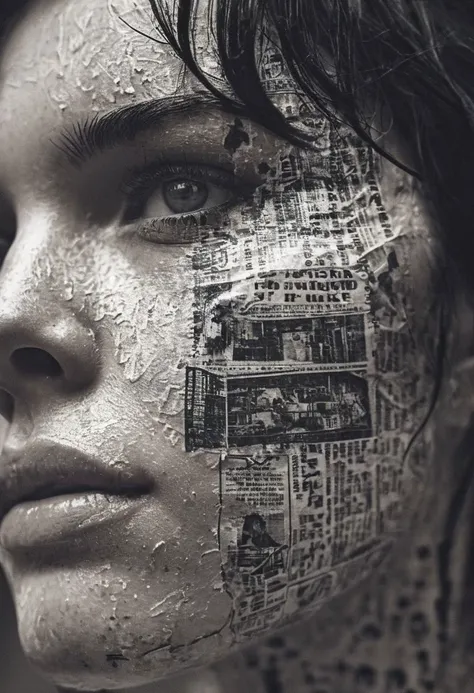closeup photo of a woman with newspaper print on her skin and black hair made from liquid ink, monochromatic, high contrast, highly detailed, photorealistic, hyperrealism, award winning photo, fine art photography, film grain