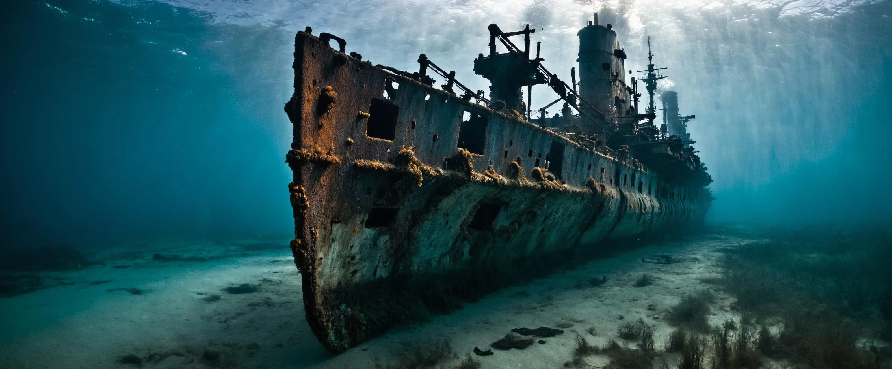 photo, underwater, tilt shift, viewed from above, taken from under the water surface, the submerged shipwreck of a battleship, rusted and decayed , under a gloomy ocean <lora:SDXL_under_water_Sa_May_V1:0.8> <lora:Abandoned:0.3> abandoned, gloomy, cinematic, low angle, light rays, deep shadows, imposing