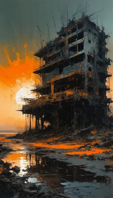 A post-apocalyptic wasteland lanscape, where crumbling ruins and twisted metal are reclaimed by nature, hinting at the remnants of a once-thriving civilization now lost to time, ((sunset)),
(orange and black),((stunning science fictional fantasy, epic view)), (abstract art by Jeremy Mann Carne Griffiths and Wadim Kashin), messy,
abstract expressionist, energetic brushwork, bold colors, abstract forms, expressive, emotional,
style of nicola samori Tsutomu Nihei, (rutkowski:0.8),
concept fantasy cover art, ((in style of Jeremy Mann)),
complex background, masterpiece, visually stunning:1.5, evocative, best quality, intricate and very detailed:1.5, professionally graded colors, hyper-detailed:1.8, cinematic design:1.5, very detailed image:1.5,
