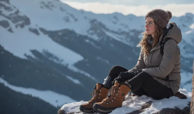 a beautiful snowy mountainscape, a beautiful young woman with brown hair wearing a snow climber outfit gazing into the distance sitting on a rock, detailed face, (snow gloves:1.1), (slim female snow boots:1.15), <lora:add_detail:0.5>, <lora:PerfectFullBreasts-fCV3:0.75>, <lora:epiCRealLife:1.0>, (tombraider:1), slim waist, cinematic <lora:Perfect Hands v2:1>