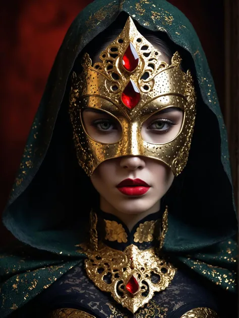 pointillism style in this image, we see a woman who embodies strength and mystery. she is adorned in dark, gothic armor that shines with gold accents, hinting at her regal status. the armor wraps around her body tightly, covering her upper body and arms completely. a black hood drapes over her head, partially obscuring her face, adding an air of intrigue. her eyes are hidden behind a golden mask, its design intricate and detailed, reflecting the wealth and grandeur of her heritage. the mask covers only the lower half of her face, revealing her lips which appear to be painted a bold red color. this striking contrast adds a touch of femininity to her otherwise formidable appearance. the backdrop of the image is a somber grayish green hue, providing a stark contrast to the woman's vibrant attire. it allows her to stand out prominently within the frame, drawing the viewer's attention to her imposing presence. overall, this image captures a powerful and enigmatic figure, cloaked in mystery and regality. her armor and mask suggest a story of valor and power, while her mysterious demeanor invites further exploration and discovery. . composed entirely of small, distinct dots of color, vibrant, highly detailed