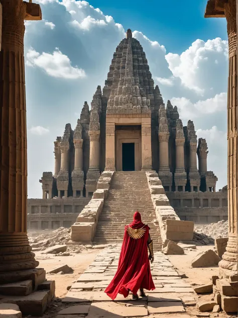graffiti style in the image, a solitary figure is seen embarking on a journey towards a grand temple like structure. the individual, adorned in armor and armed with a sword, strides confidently across a dusty landscape strewn with rubble. a large red cape billows behind them, adding a sense of drama to the scene. the imposing stone temple looms in the background, its numerous columns and grand entrance suggesting an ancient and mysterious history. above it all, a cloudy sky casts a somber mood over the entire scene. . street art, vibrant, urban, detailed, tag, mural