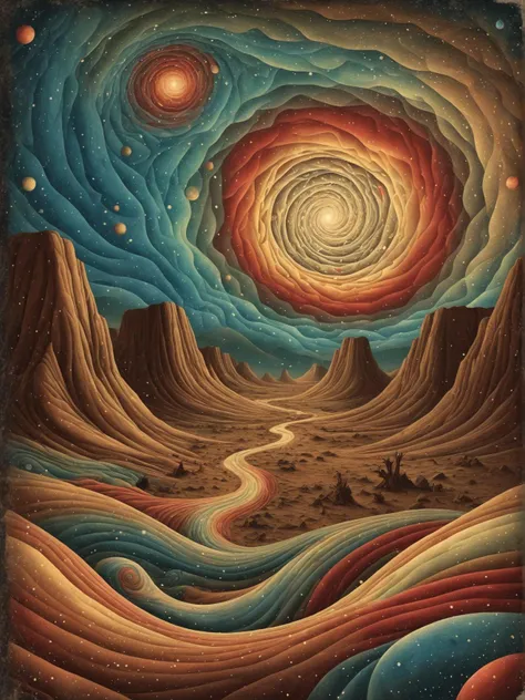 western book cover art, rugged, vintage, earthy, sepia toned the image is a captivating representation of a virtual landscape style artwork. the artist has employed vibrant and swirling strokes, creating an intricate pattern that resembles a psychedelic dream or a mesmerizing galaxy. this captivating piece features a mix of warm and cool colors, with reds, blues, yellows, and greens intermingling to form a hypnotic visual spectacle. the use of dots and other small elements adds depth and complexity to the composition, enhancing its allure. overall, this artwork exudes a sense of surrealism and invites the viewer to lose themselves in its colorful and swirling depths.