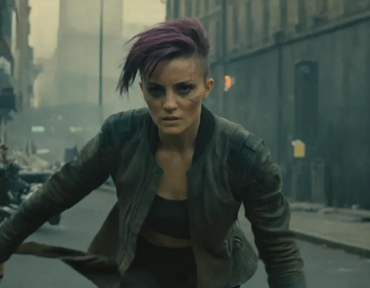 <lora:cyberpunk style v2:0.7> photo, film still, cinematic, <lora:JJsCyberPunkCity_XL:0.8> cyberpunk city
in the foreground, a human rebel, a toned, athletic woman aged 35 with short, asymmetric haircut, biker jacket fighting in a dystopian future london street, after the apocalypse