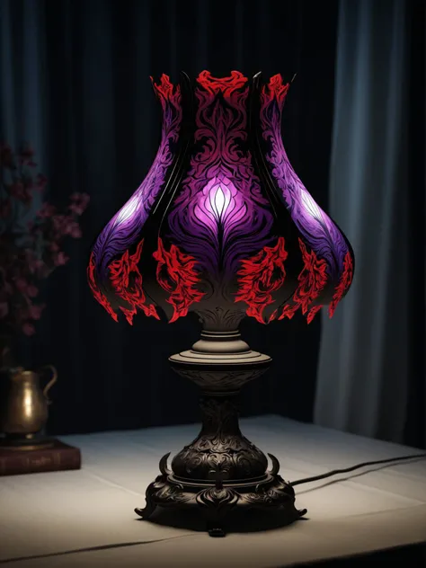 dark souls style the image showcases a striking lamp that resembles a flower in full bloom. the main body of the lamp is colored black, adorned with red and purple hues that imitate the intricate patterns typically found on petals. the lamp appears to be illuminated from within, casting a warm, inviting glow that contrasts beautifully with the dark exterior. the base of the lamp features a small flower like design, adding to the overall floral theme. it's positioned on a tablecloth, which has a white background decorated with red polka dots. this combination creates a visually appealing contrast between the vibrant colors of the lamp and the simplicity of the tablecloth. overall, the image captures a unique piece of home decor that combines functionality with artistic expression, creating an atmosphere of warmth and sophistication. . challenging gameplay, dark fantasy universe, intricate level design