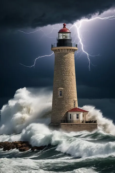 Grunge style realistic photo of an old lighthouse, big waves chrashes, lightning, thunderstorm, dark clouds, . Textured, distressed, vintage, edgy, punk rock vibe, dirty, noisy