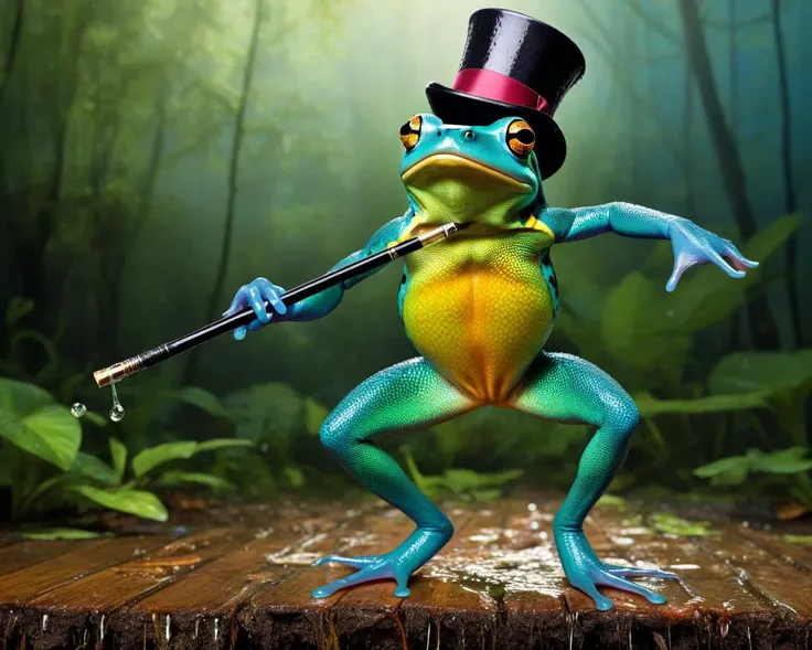 exotic poisonous frog wearing a top hat, dancing a vaudeville act with a straight black cane, incredible iridescent eyes, outdoors, wet, forest, vibrant color, sheen, stunning, beautiful, photorealism, high resolution