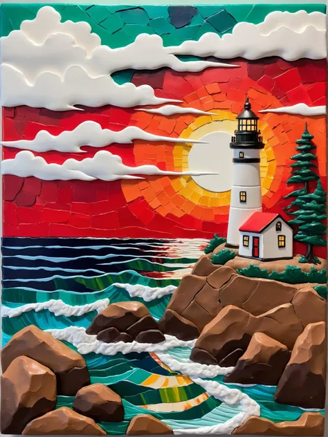 paper mache representation of the painting portrays a lighthouse standing tall against the backdrop of a fiery red sky. the lighthouse is positioned on a rocky cliff, surrounded by an array of boulders that add depth and texture to the scene. the ocean can be seen in the background, its calm surface reflecting the vibrant colors of the sky. a lone pine tree stands nearby, adding a touch of green to the otherwise warm palette. the impressionistic style of the painting captures the essence of the scene, with bold brushstrokes and vivid colors that bring the image to life. . 3d, sculptural, textured, handmade, vibrant, fun