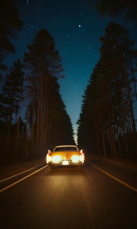 cinematic, 1970, cadilac, road, lights, at night, from behind forest, road, ultra detailed, film grain, motion blur, blurry, <lora:CinematicStyle_v1:.7>