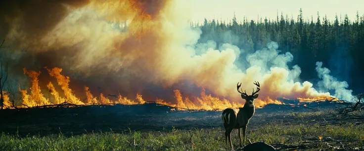 Kodak Ektachrome 200 35mm, cinematic shot, a forest fire in the boreal, a cloud of smoke is lit from the flames below, a large buck flees in the foreground, high contrast, super detailed, award-winning photograph, fixl-art