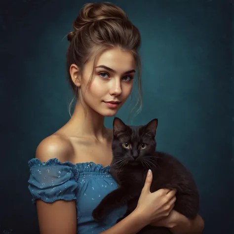 by Natalia Rak, by Charlie Bowater, by Mark Lovett, cute 18 year old woman and her cat, hyperdetailed photography, cinematic photo <lora:juggernaut_cinematic:1.00>, messy_updo, by Guweiz