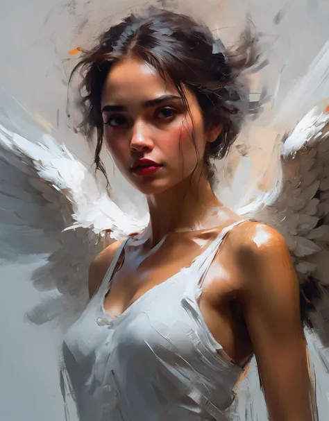 digital painting, expressive, bold brushstrokes, close-up woman as an angel style of Henry Asencio, cleavage, short skirt, sexy