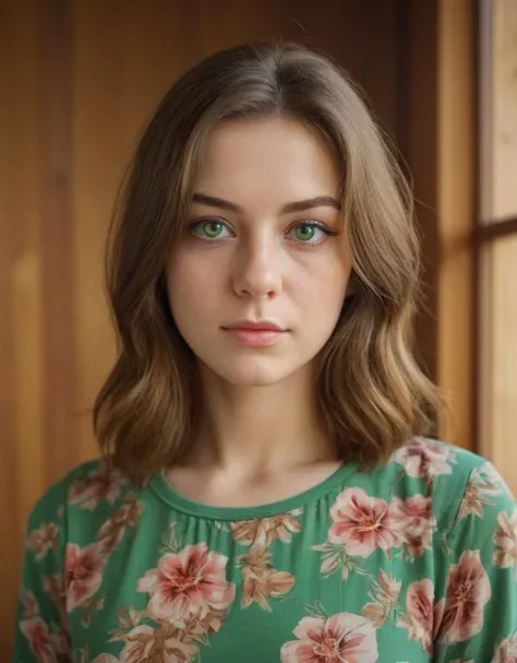 portrait, young adult female, Caucasian, brown hair, green eyes, floral print top, direct gaze, wooden background, natural light, indoors, medium shot, soft focus background, neutral expression, no visible accessories, makeup visible, photo composition centered, warm color tone, Fujifilm XT3, Canon R5, Fujicolor Fujichrome Velvia 100