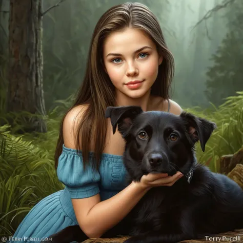 by Steve Purcell, by Terry Redlin, by Lori Earley, cute 18 year old woman and her pet, digital painting <lora:digital_painting_envy01:1.00>