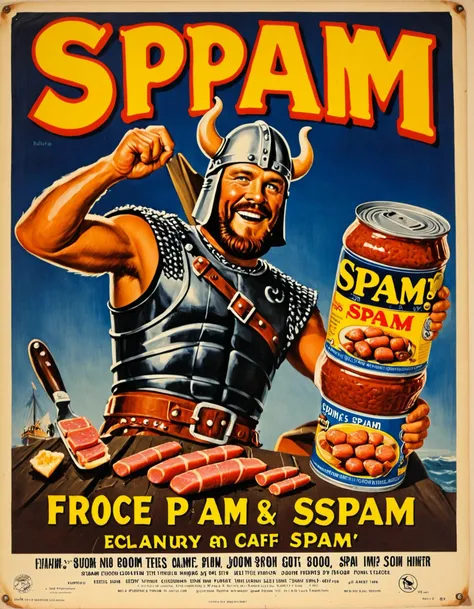 <lora:vntgpstr:1> vintage poster for the ("SPAM!":1.5)
BREAK
(featuring an viking in an english greasy spoon cafe eating a can of spam)
spam spam spam spam!