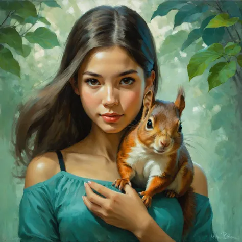 by Dave Gibbons and Hikari Shimoda in the style of Charlie Bowater, cute 18 year old woman and her pet squirrel, oil painting <lora:oil_painting_envy_anime:0.60>