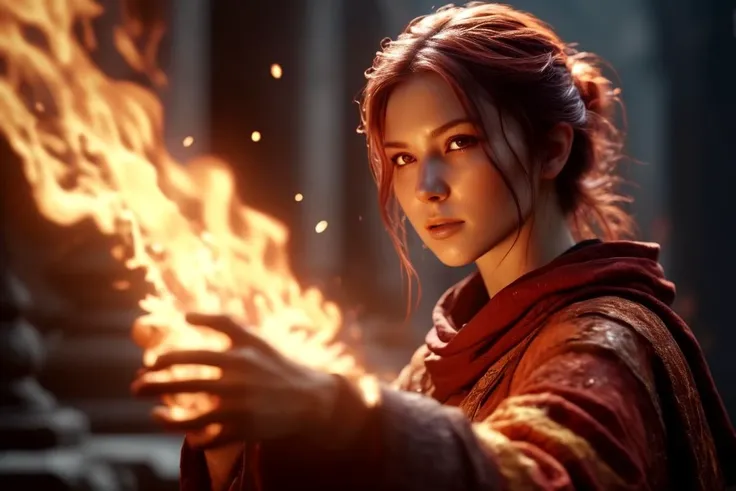 (depth of field, bokeh:0.7), (score_9, score_8_up, score_7_up, 4k), (close-up:1.3), (intimacy:0.5), Surround the determined fire mage with swirling flames and crackling energy, their eyes ablaze with power, Integrate dynamic lighting effects and cascading sparks in the foreground to heighten the sense of intensity and movement, immersing the viewer in the heat of magical combat