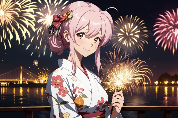 (RAW photo, best quality), 1girl,  natural lighting, outdoor,,  <lora:langrisser_mobile_almeda_v1_2-000005:0.8>, almeda_langrisser_mobile, smile, 
summer night, fireworks, yukata,