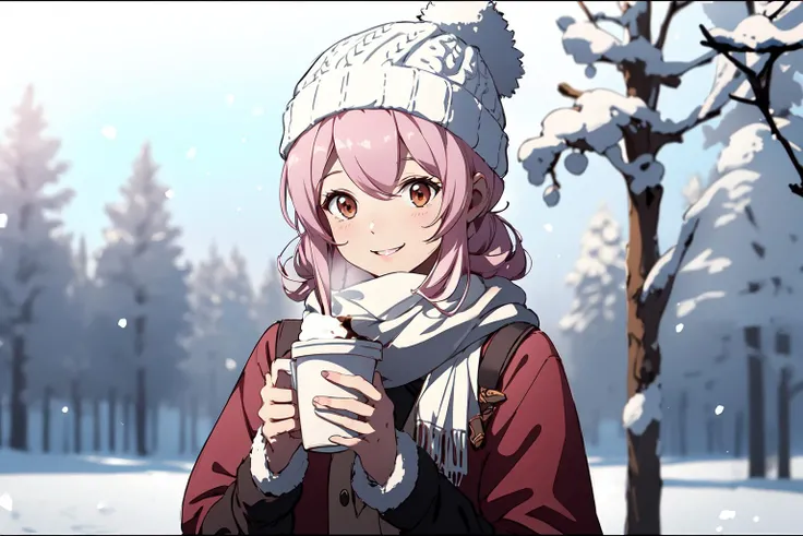 (RAW photo, best quality), 1girl, natural lighting, outdoor,, <lora:langrisser_mobile_almeda_v1_2-000005:0.8>, almeda_langrisser_mobile, smile,
winter, snowflakes, beanie hat, scarf, a cup of coffee, aroma,