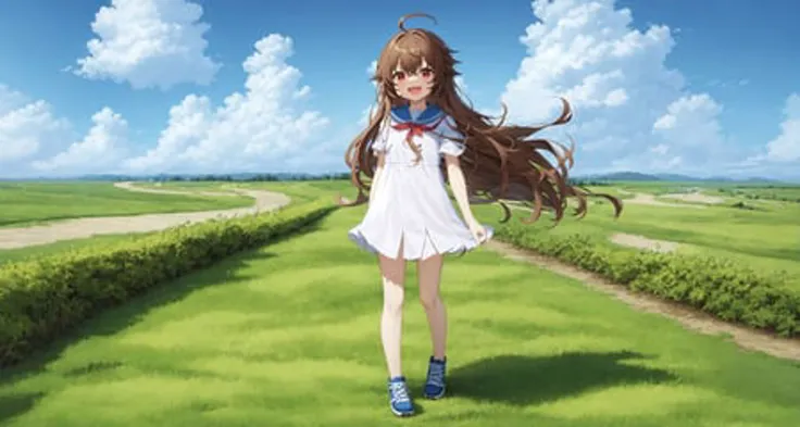 best quality, masterpiece, solo, 1girl, brown hair, ahoge long hair, red eyes, messy hair, skin fang, :D, full body, wide shot, standing, landscape, grass, blue sky, clouds