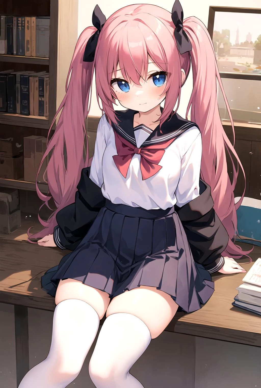 (masterpiece, best quality), cute girl, (kawaii:1.1), girl, school uniform, white thighhighs, twintails, cowboy shot