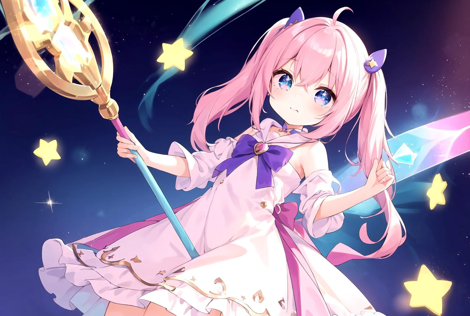 (masterpiece, best quality), cute girl, (kawaii:1.1), girl, twin tails, pink hair, magical girl, fluffy dress, sparkling eyes, holding magical stick, sparkling background, cowboy shot, v,